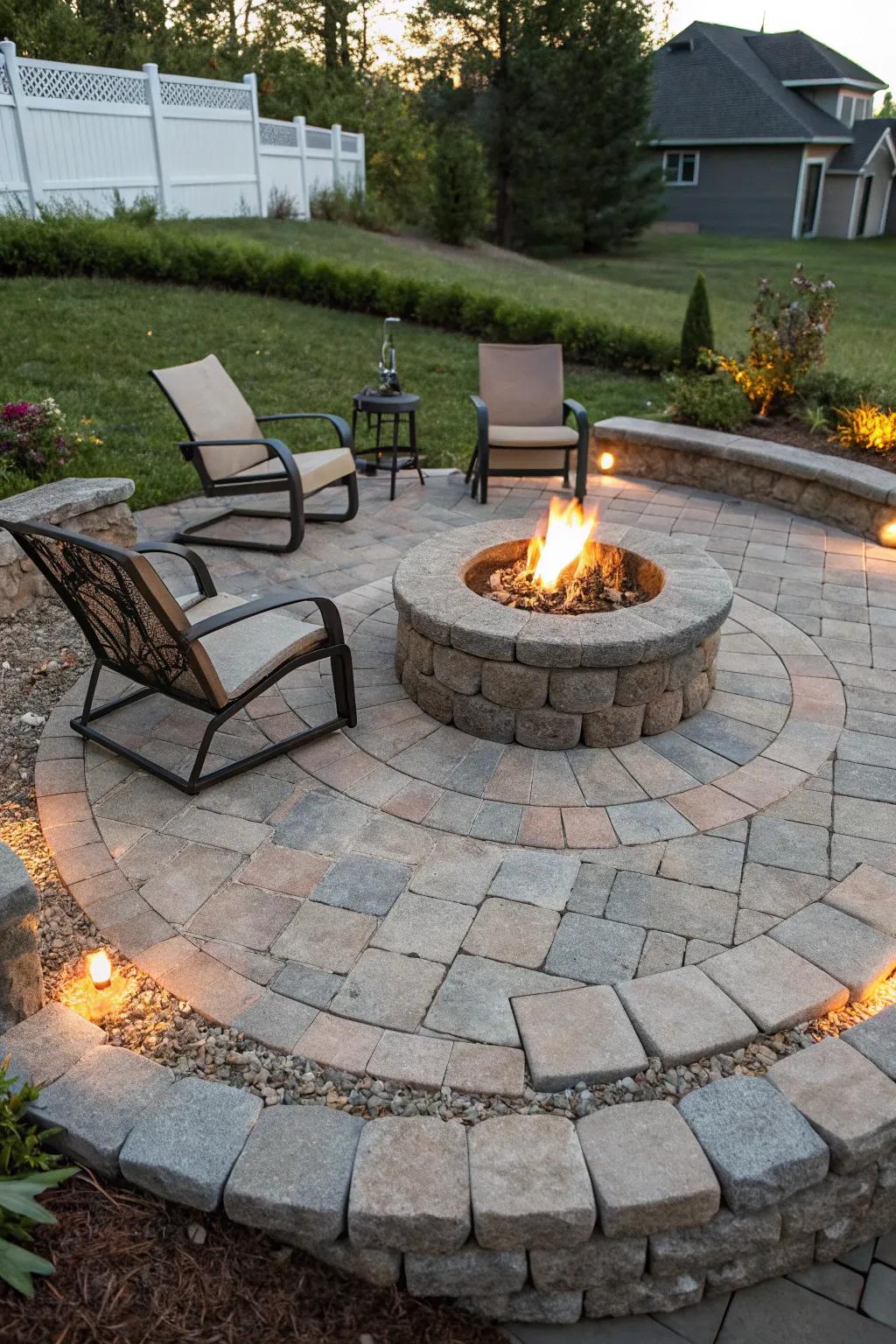 Block stones create a pristine and sophisticated fire pit space.