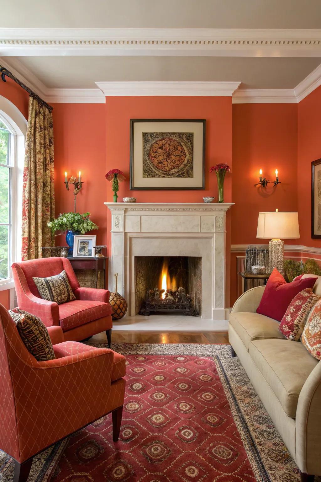 A vibrant living area featuring striking accent shades near the fireplace recess.