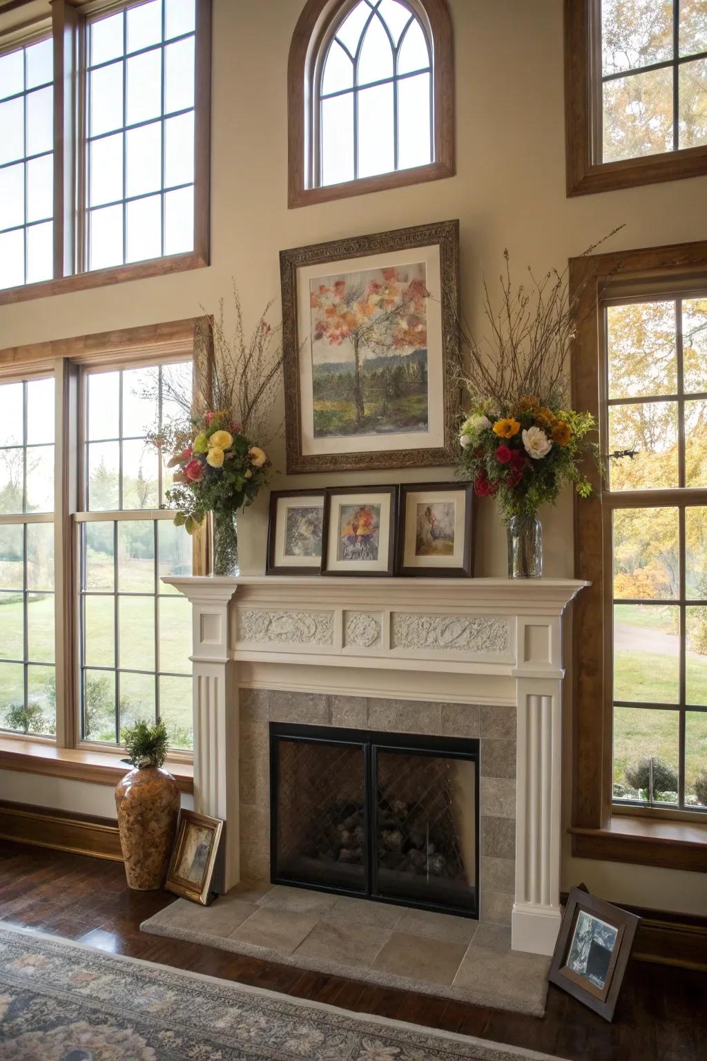 An artistic showcase on the mantel, wonderfully emphasized through flanking windows.