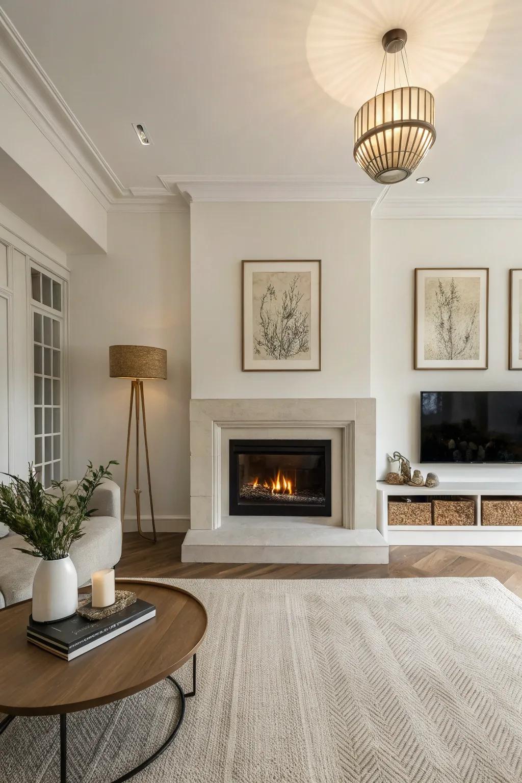 A minimalist strategy, emphasizing the fireplace's sophistication.