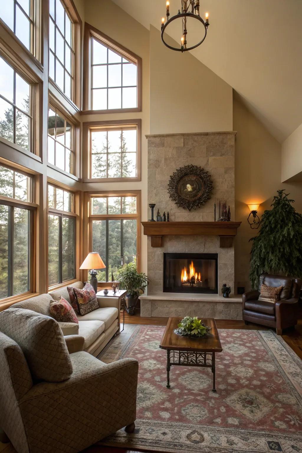 A snug living space with a central fireplace and abundant sunlight from expansive windows.