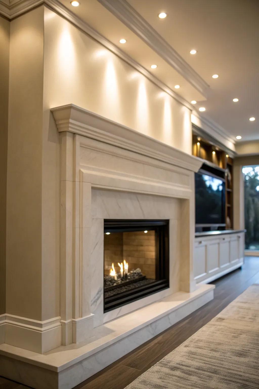 Inset lighting introduces elegance to the fireplace.
