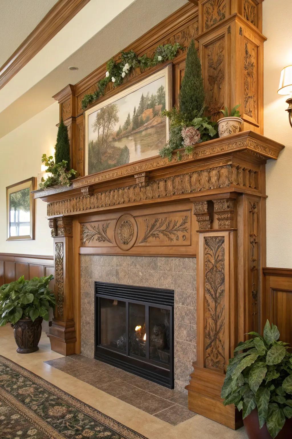 A striking mantel serves as a beautiful display space above the fireplace.