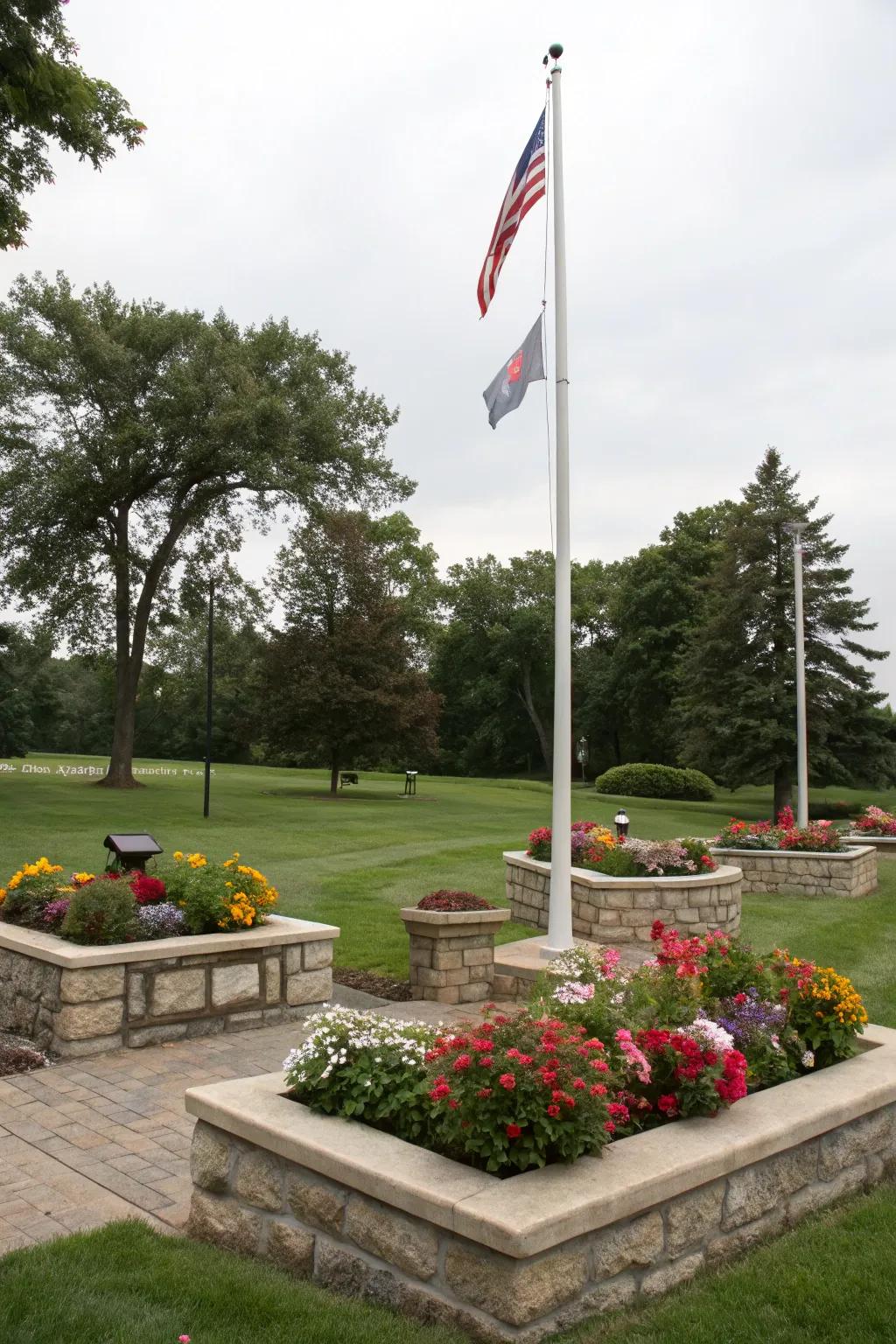 Elevated bloom beds give a structured elegance to a flagpole.