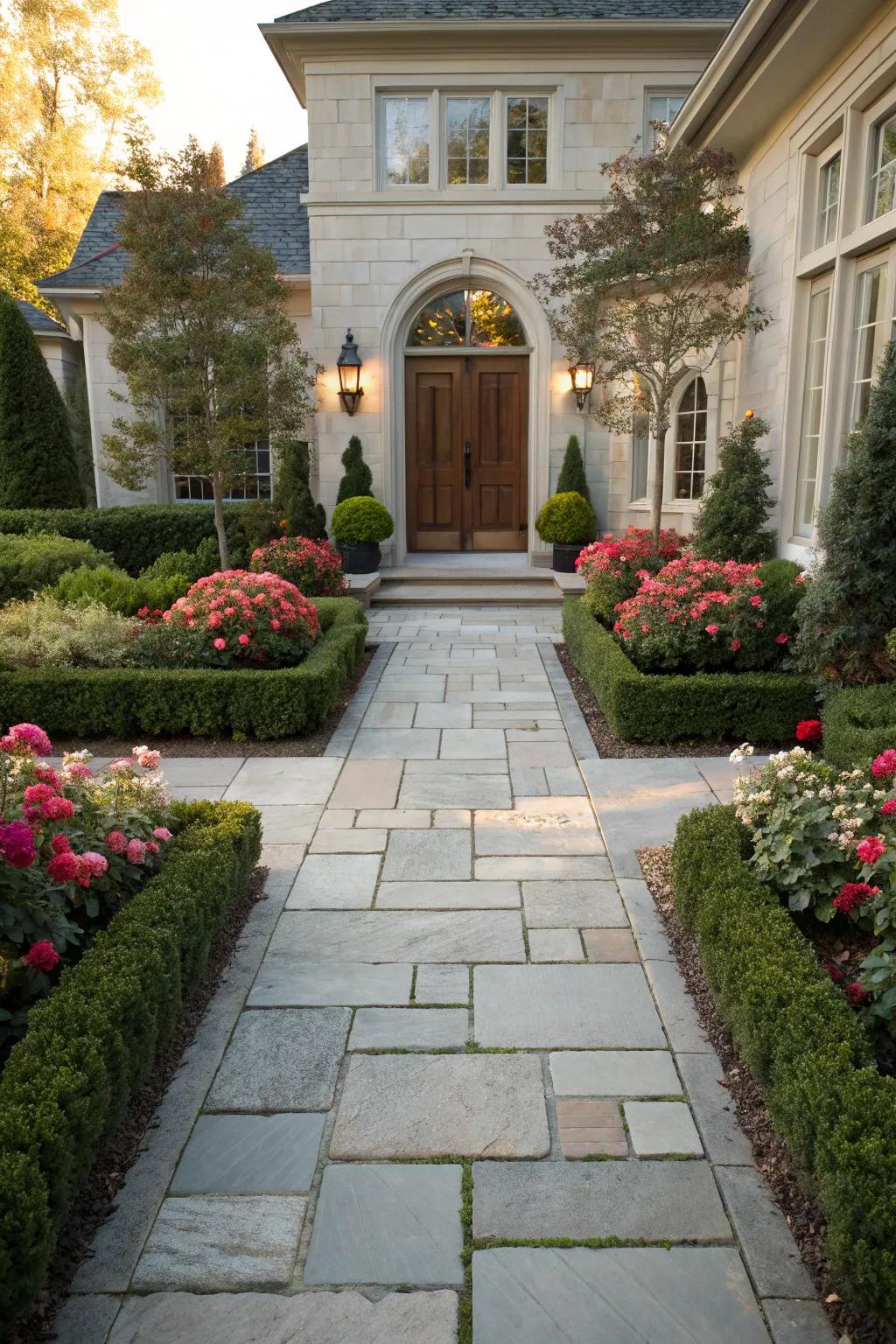 An alluring paving stone pathway leading to a hospitable home entrance.