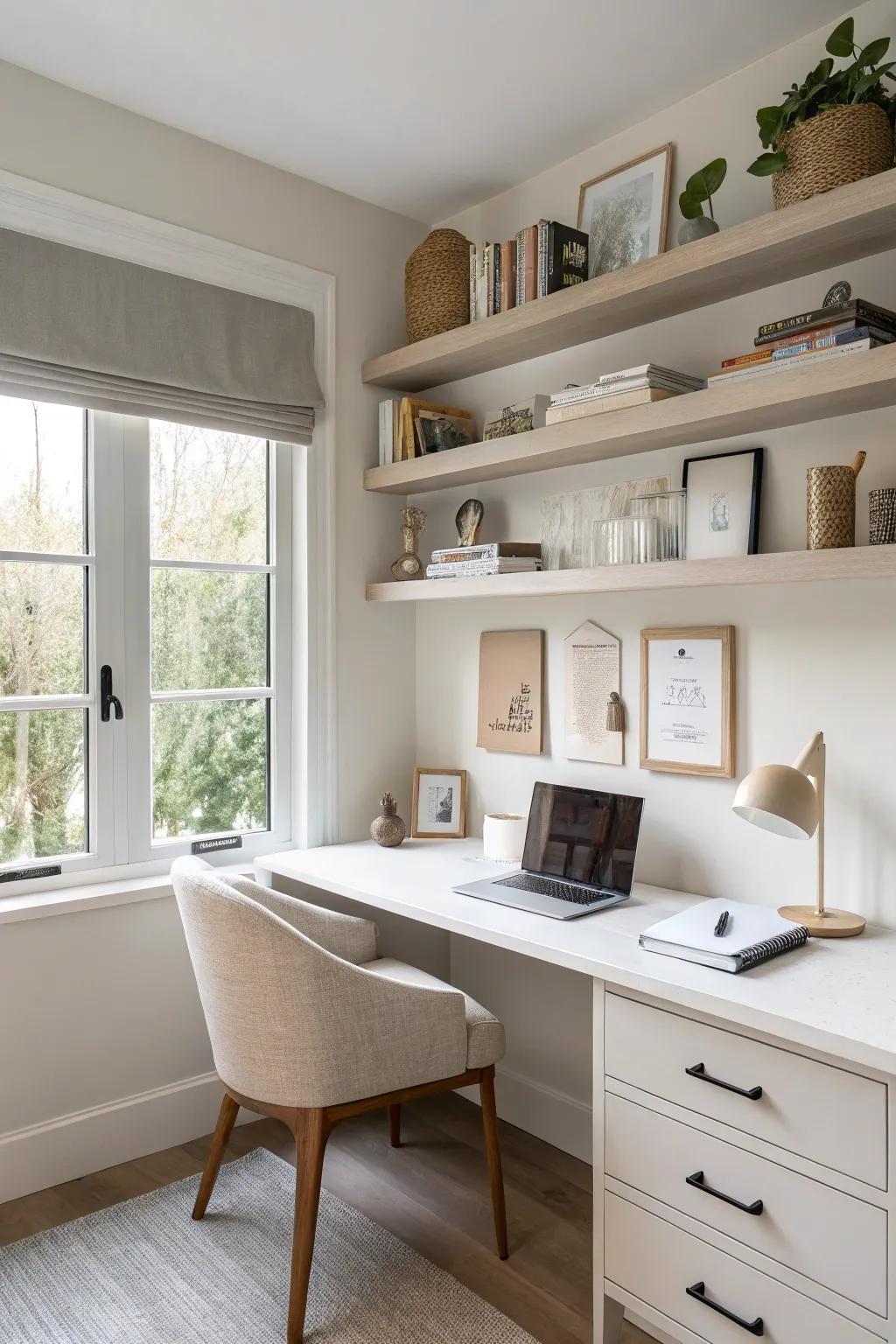 Embrace minimalist style with chic, neutral floating shelves.