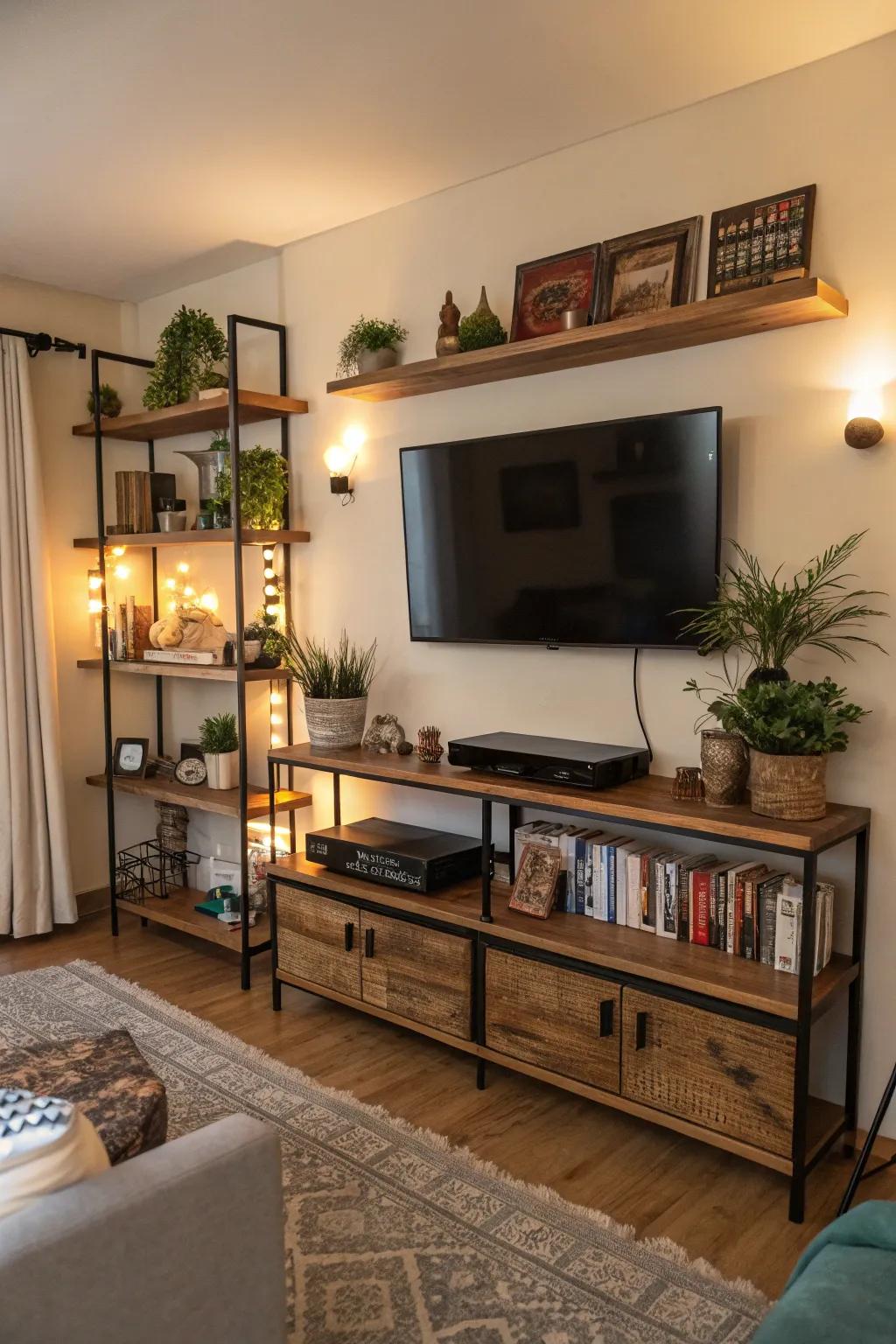 Optimize space with vertically stacked floating racks surrounding your TV.