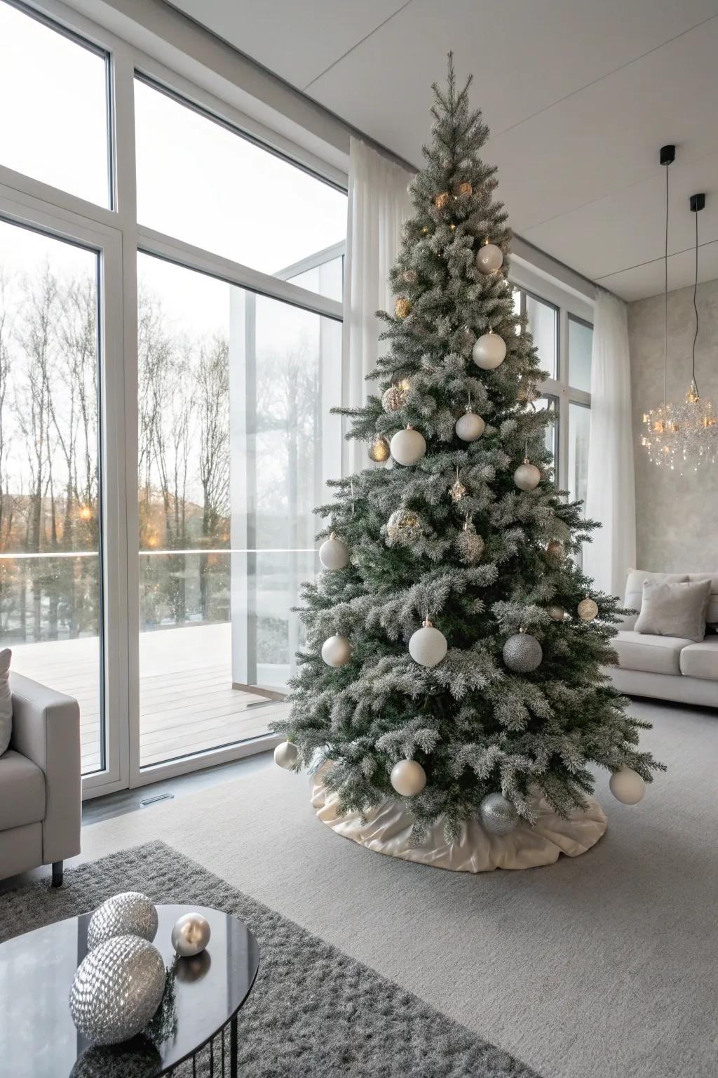 An understated and elegant flocked Christmas tree with neutral hues.