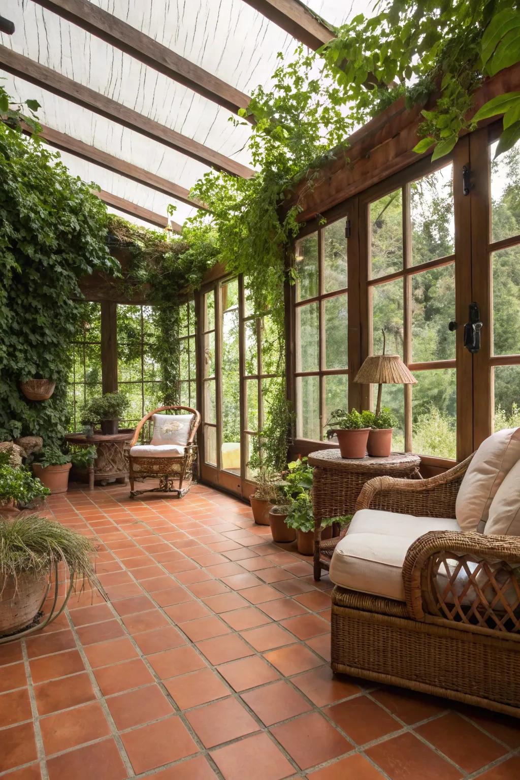 Sunroom showcasing warm earthenware tile flooring.