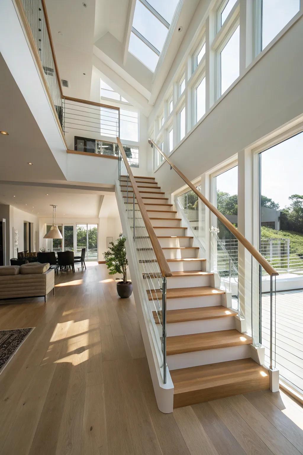 Exposed upright stairs amplify the contemporary aesthetic with their minimalist design.
