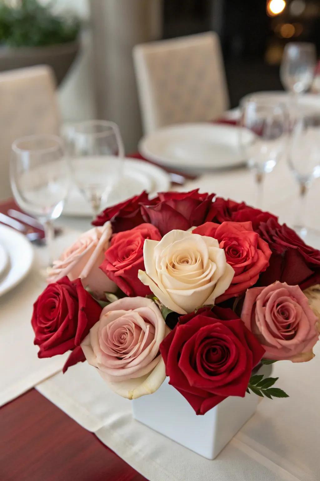 Monochromatic rose centerpiece, creating a sophisticated and coordinated appearance.