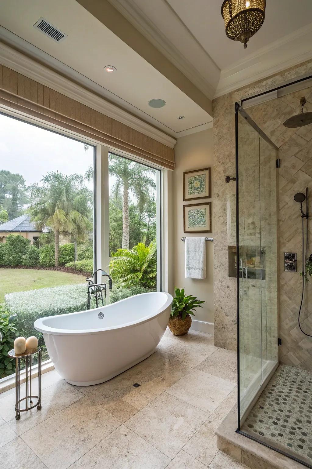 A spa-inspired sanctuary featuring a standalone tub and a rain-simulating showerhead.