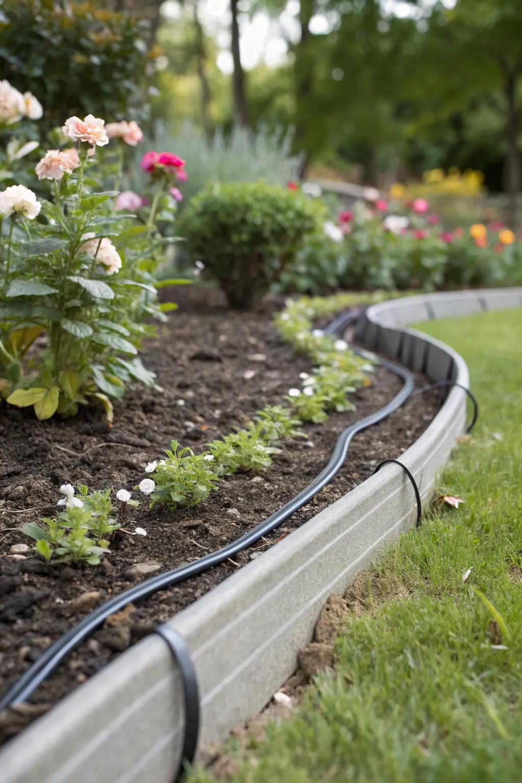 Plastic edging provides adaptability for smooth, curving flower bed borders.