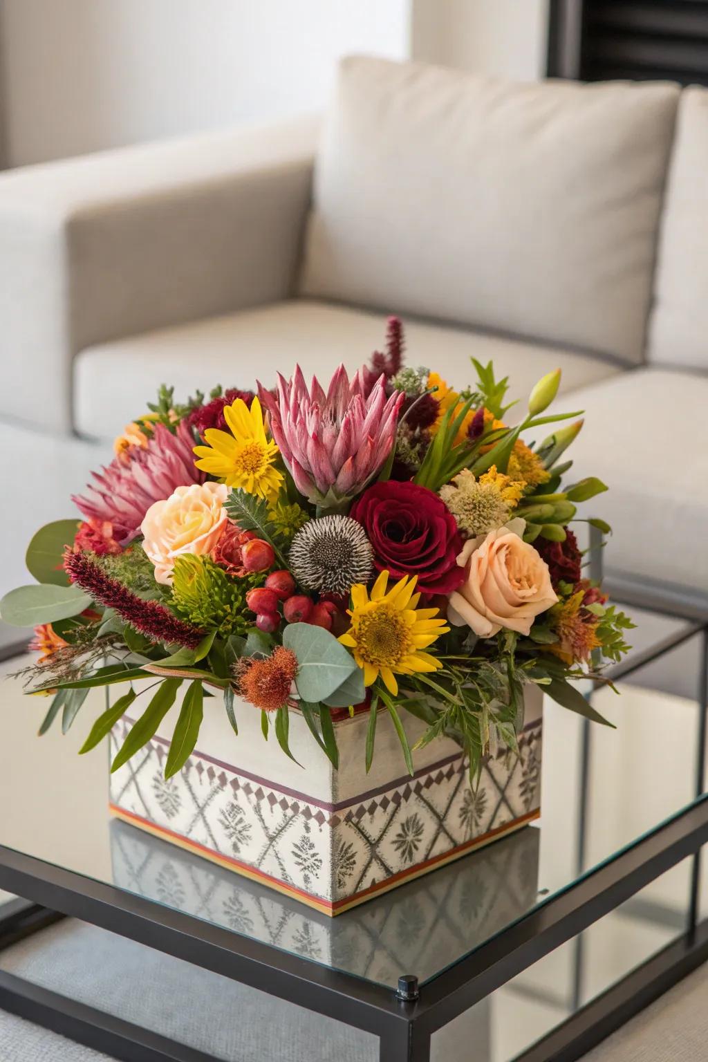 A unique boxed flower arrangement offering an elegant birthday surprise.