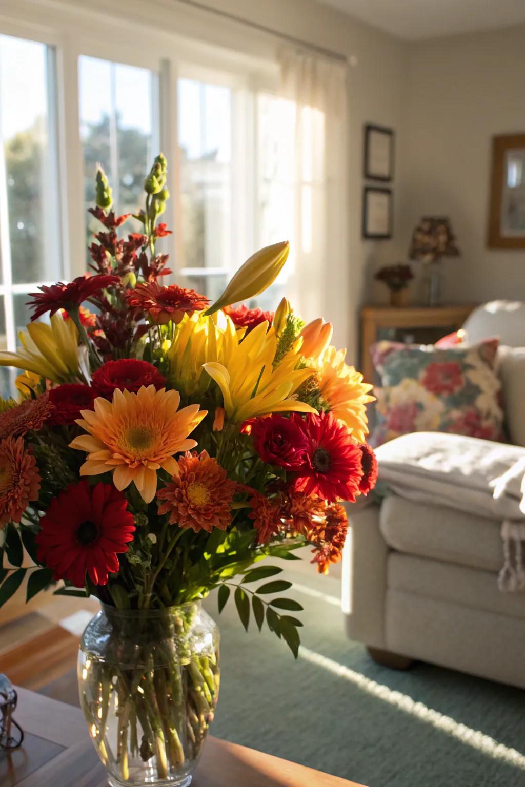 A vibrant arrangement that introduces a lively touch to a sun-drenched living area.