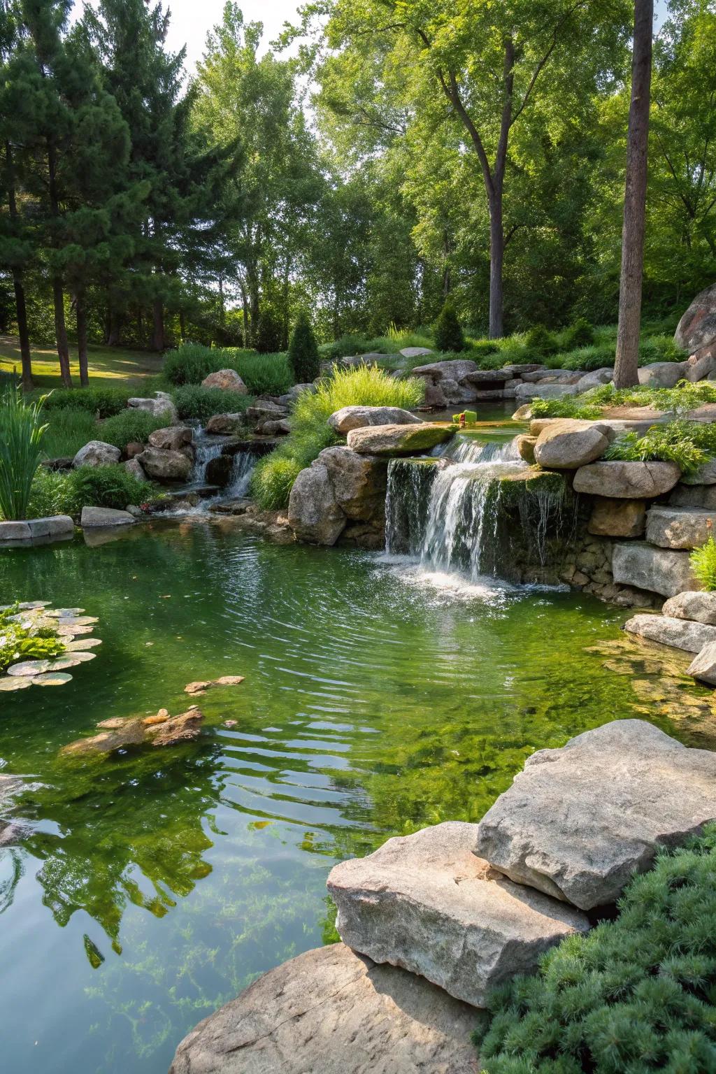 A serene water feature amplifies the garden's innate beauty.