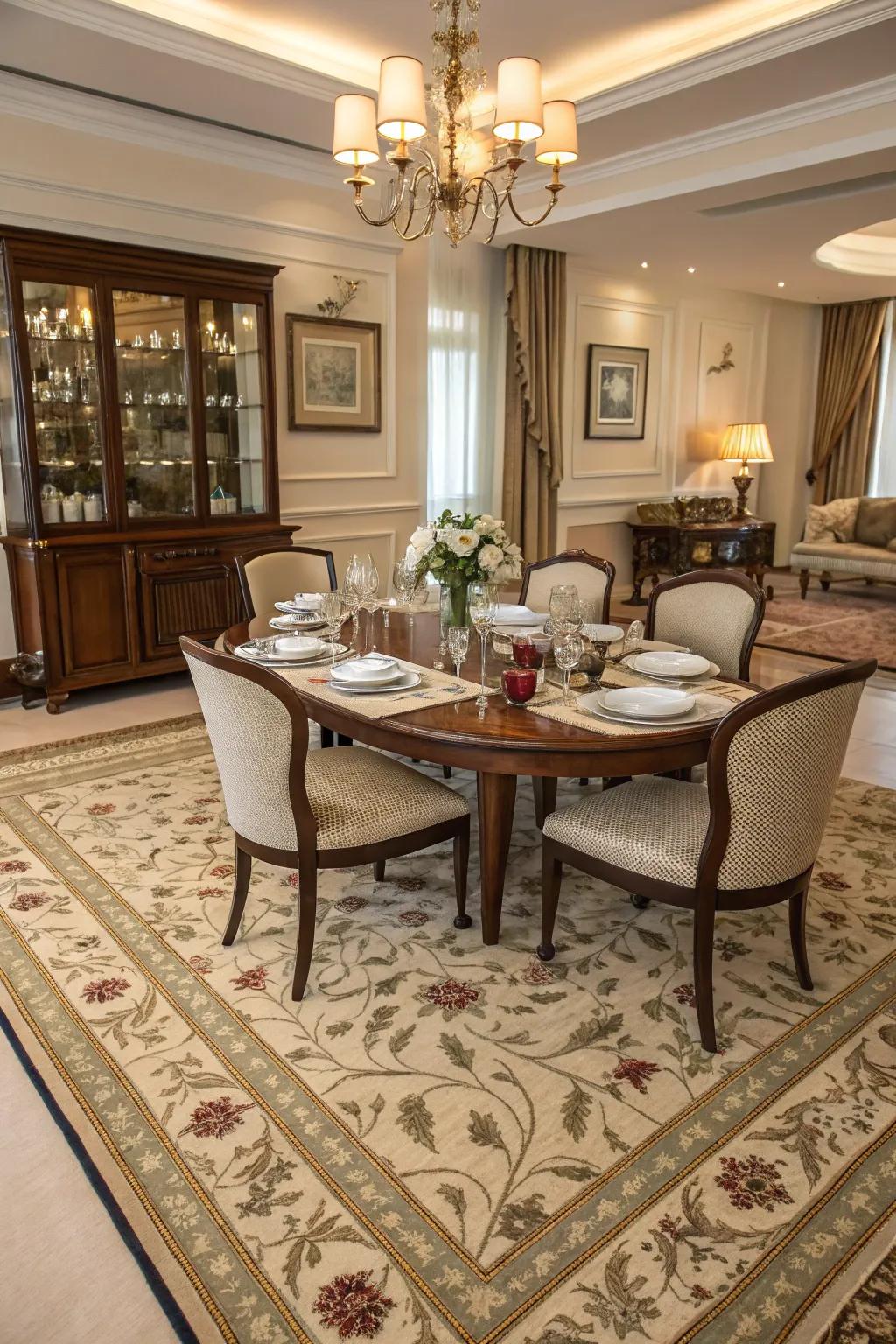 A carefully chosen floor covering can define and warm your dining area.