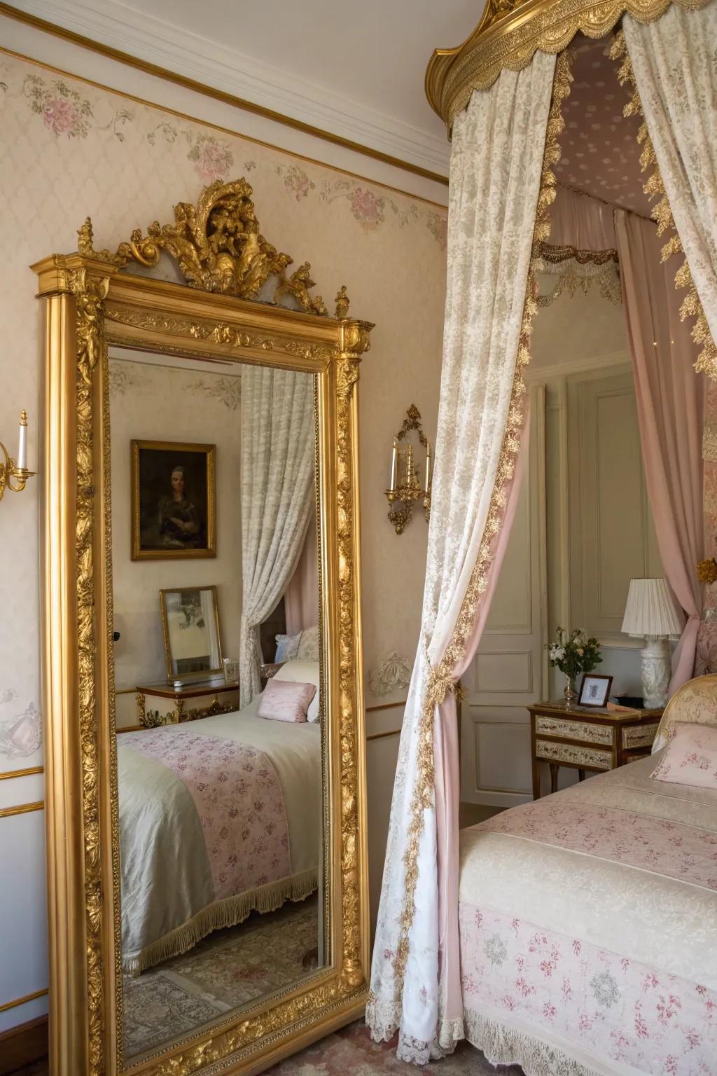 Gilded touches impart glamour to this refined bedroom.