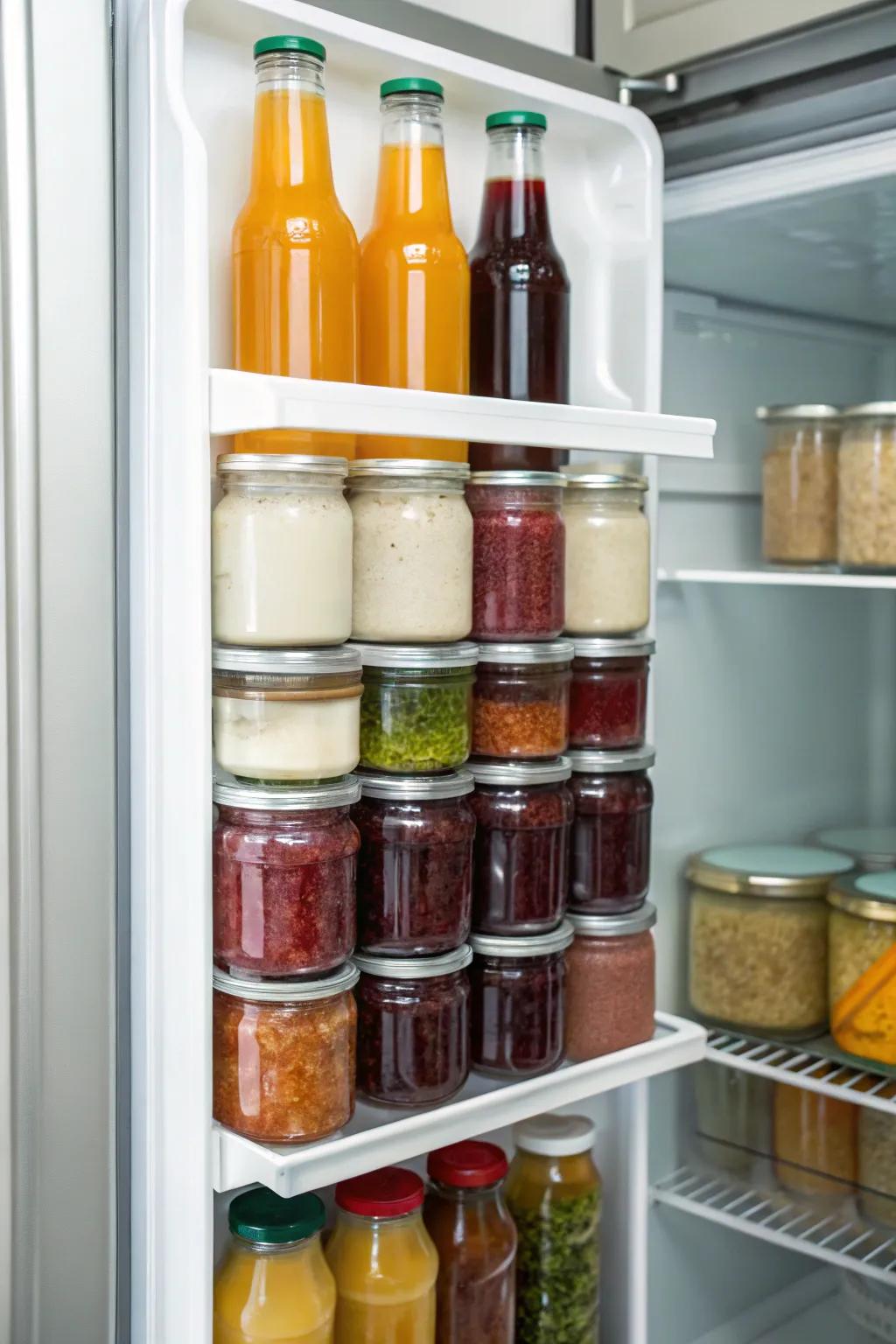 Vertical stacking of jars and bottles to save space.