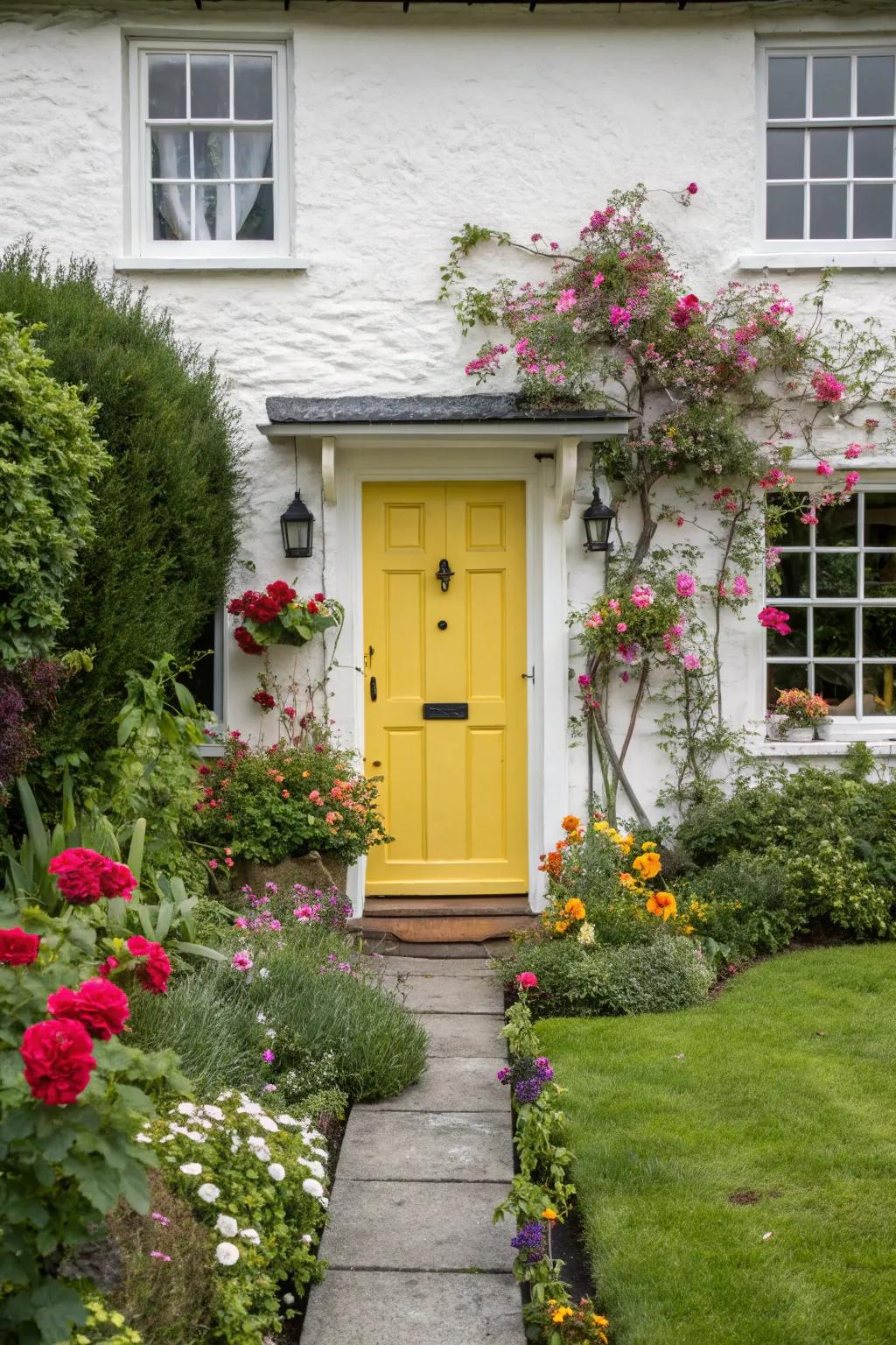 A bright yellow door gives a warm, cheerful welcome.