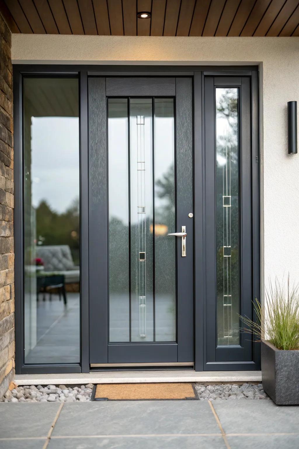A front door with tinted glass offering privacy and a modern look.