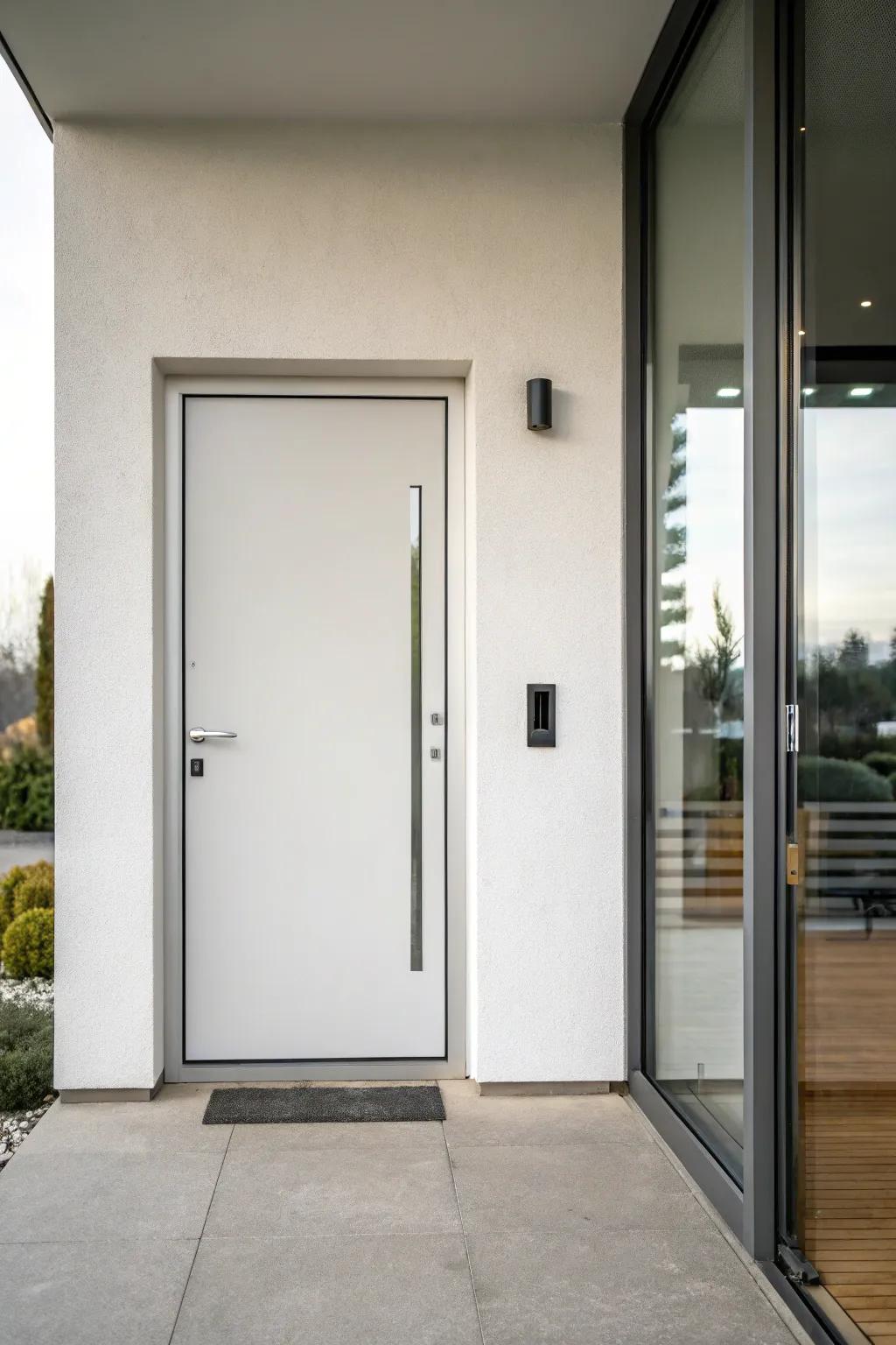 A simple metal door paired with a narrow vertical sidelight providing modern elegance.