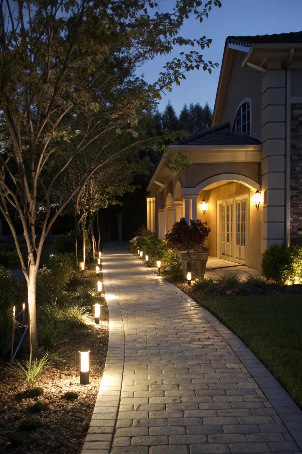 A beautifully lit walkway creating a warm ambiance at night.