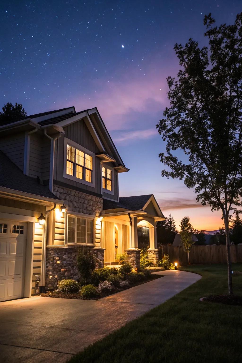 Outdoor lighting accentuating the home's architectural splendor