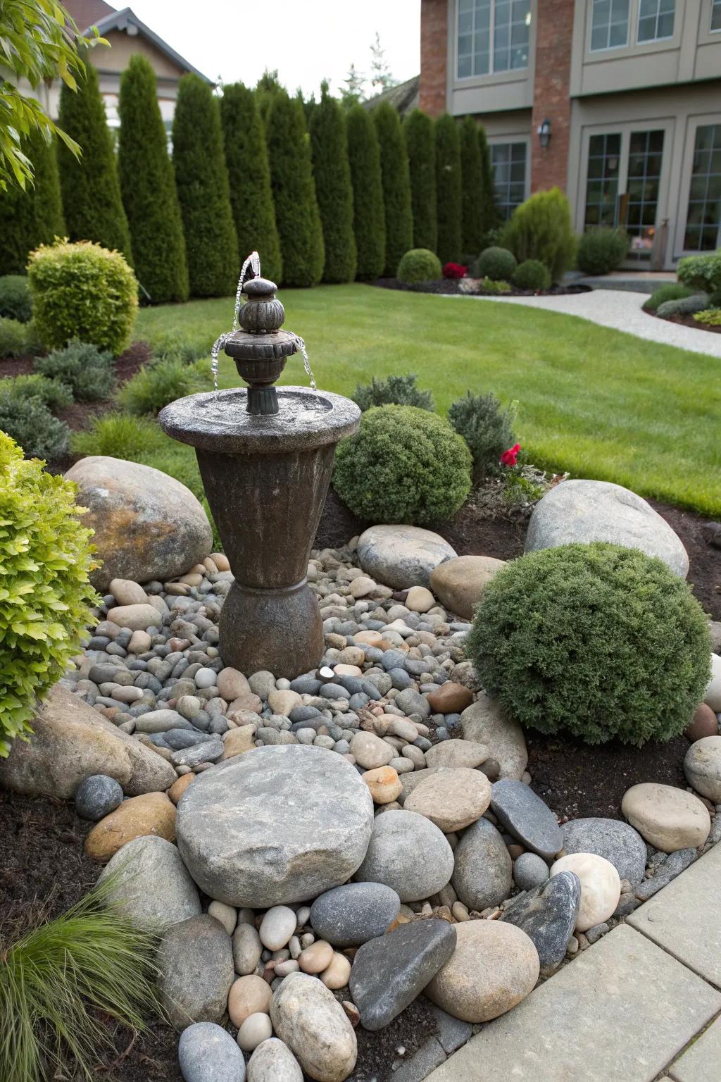 River stones beautifully highlight garden ornaments.