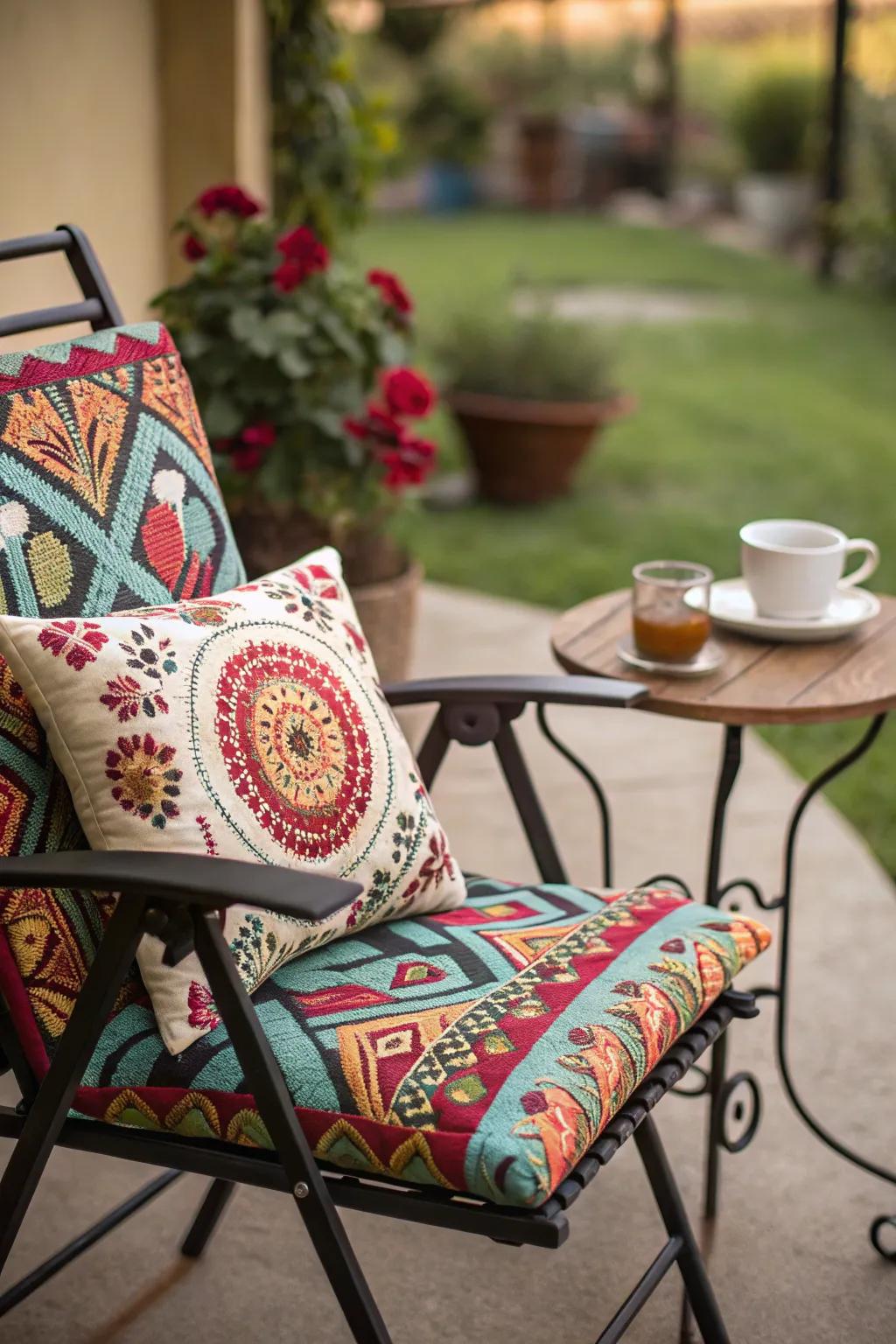 Vibrant pillows incorporate individuality and ease to patio furnishings.