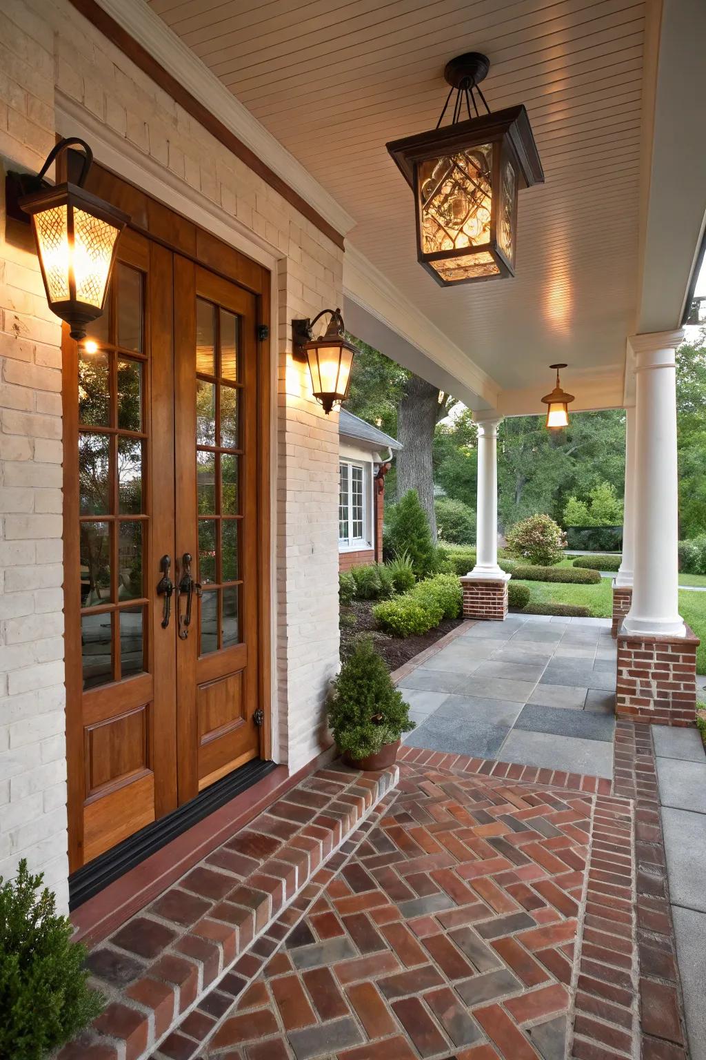 Blending materials such as bricks and coverings establishes an attention-grabbing contrast.