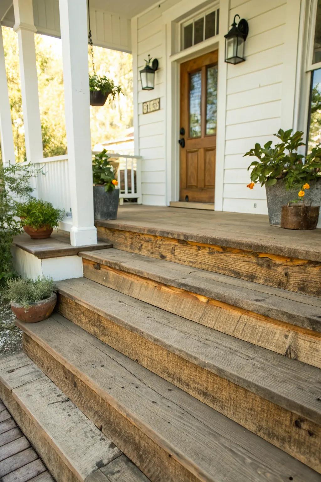 Timber accents introduce rustic charm to your front steps.