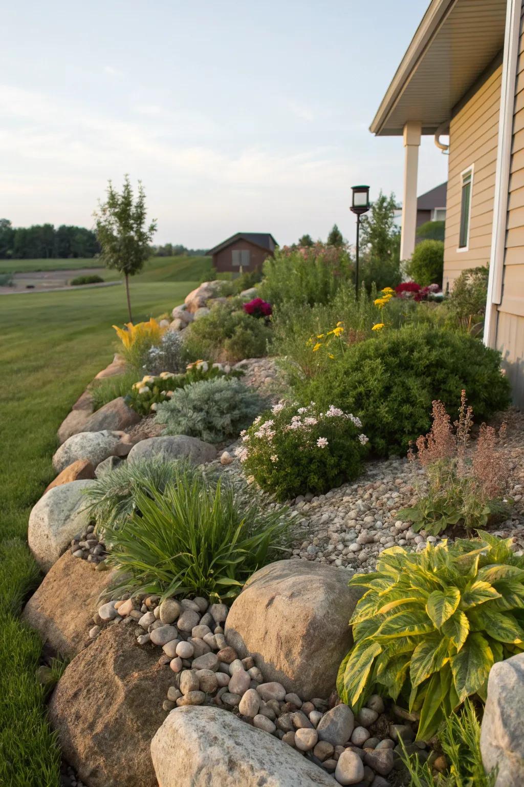 Stone features make your berm visually appealing with an organic allure.