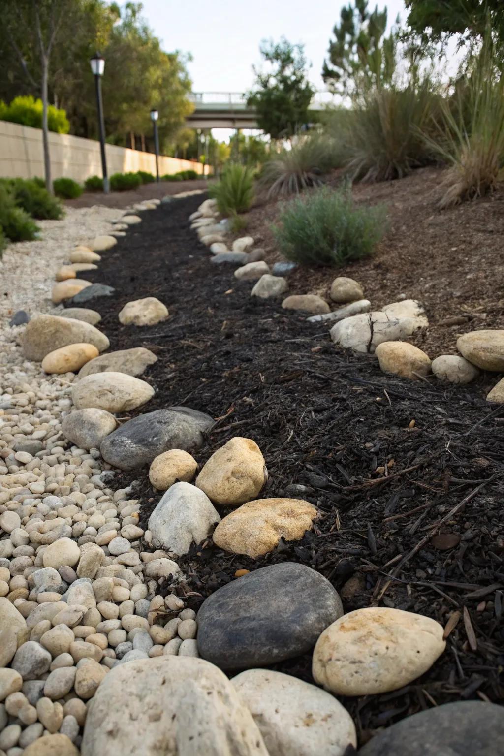 Make a contrast of rocks with dark mulch for an eye-catching streambed design.