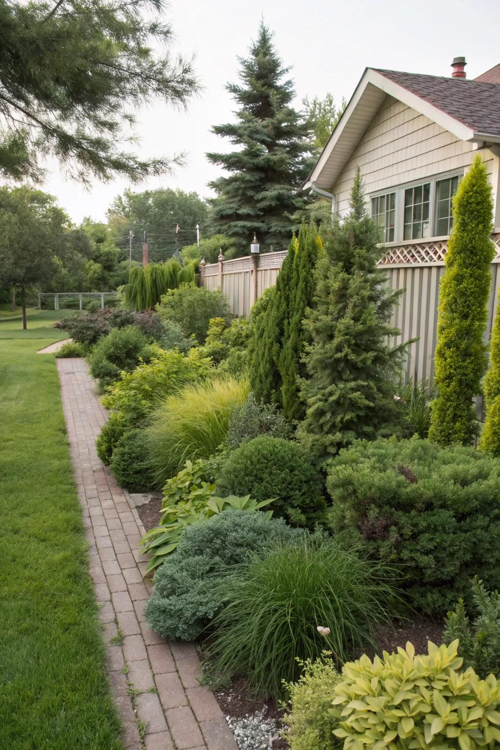 Layered evergreens enrich the landscape with depth and dimension.