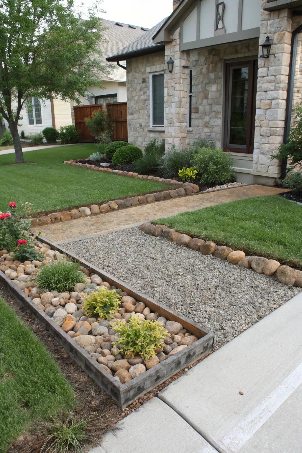 Clearly defined borders using stones and metal edging yield a refined look.