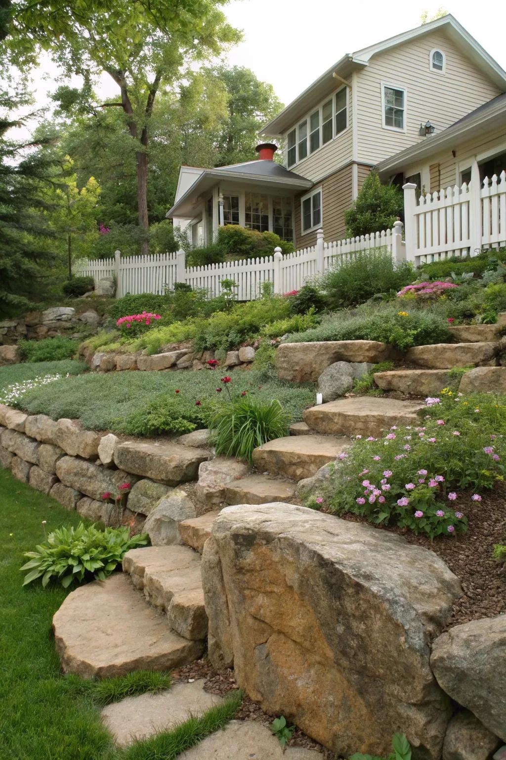 Infuse dimension into your terrain with terraced gardens enhanced by massive stones.