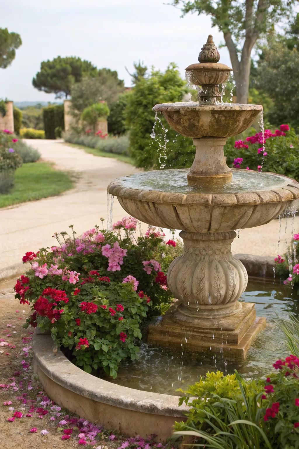A charming fountain gives a relaxing feel to this Mediterranean-inspired garden.