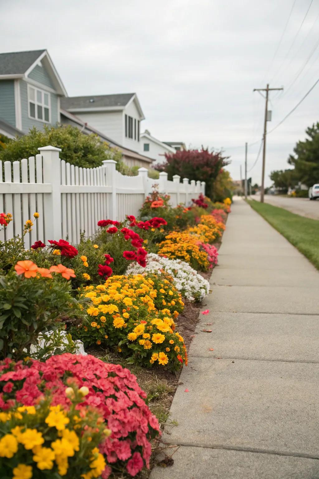 Flower beds enhance a front yard sidewalk with color and charm.