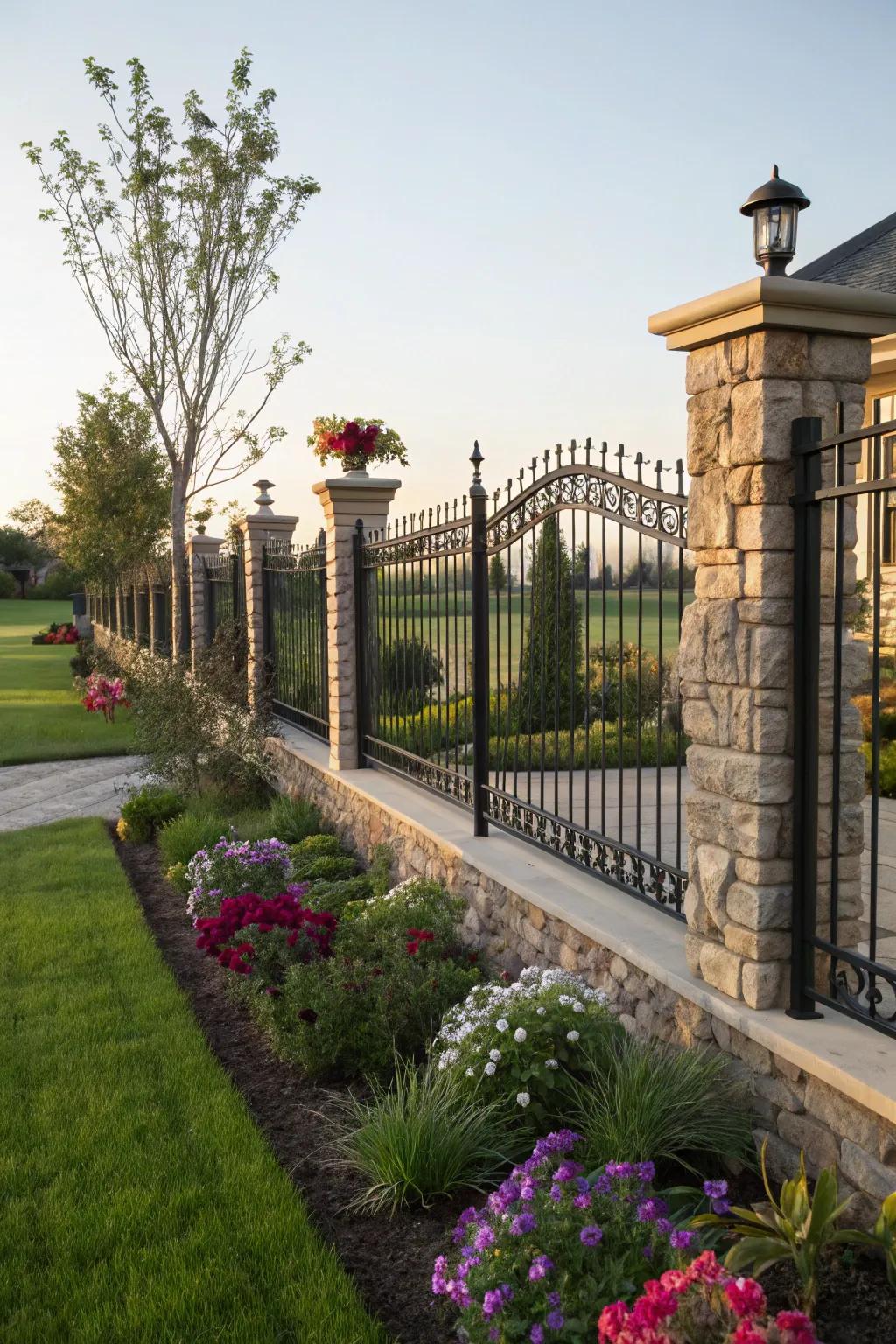 A decorative metal barrier paired with stone pillars for a classic aesthetic.