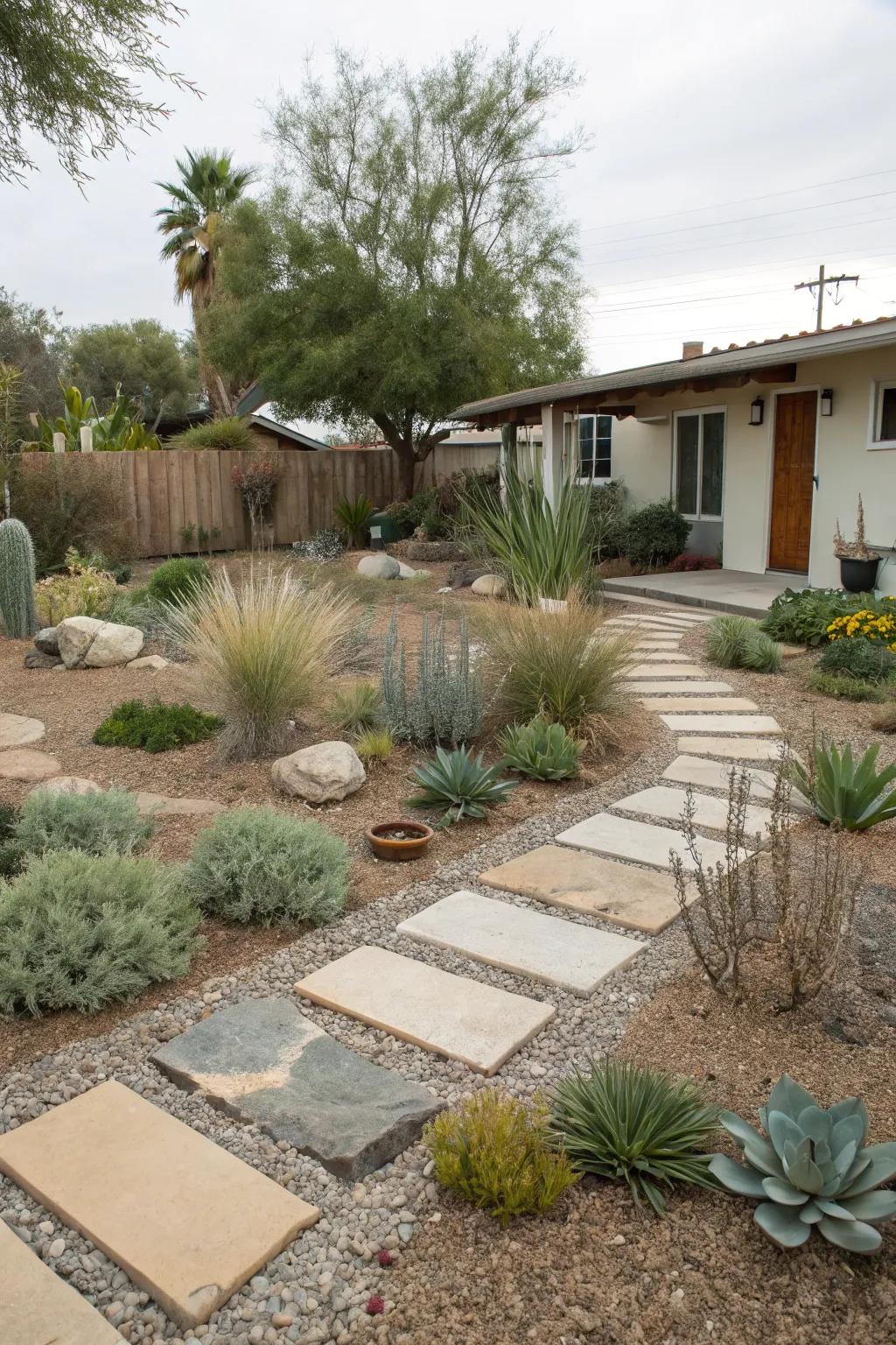 Clearly defined routes adding structure and appeal to a xeriscaped yard.