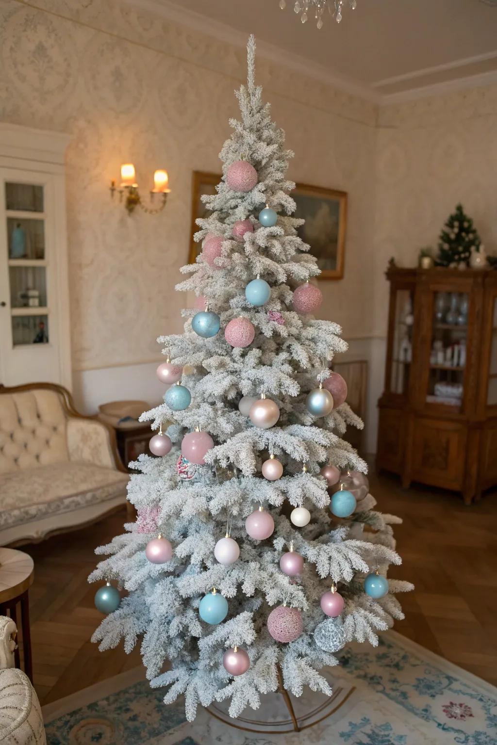 Soft tones bring a retro allure to this frosted Christmas tree.