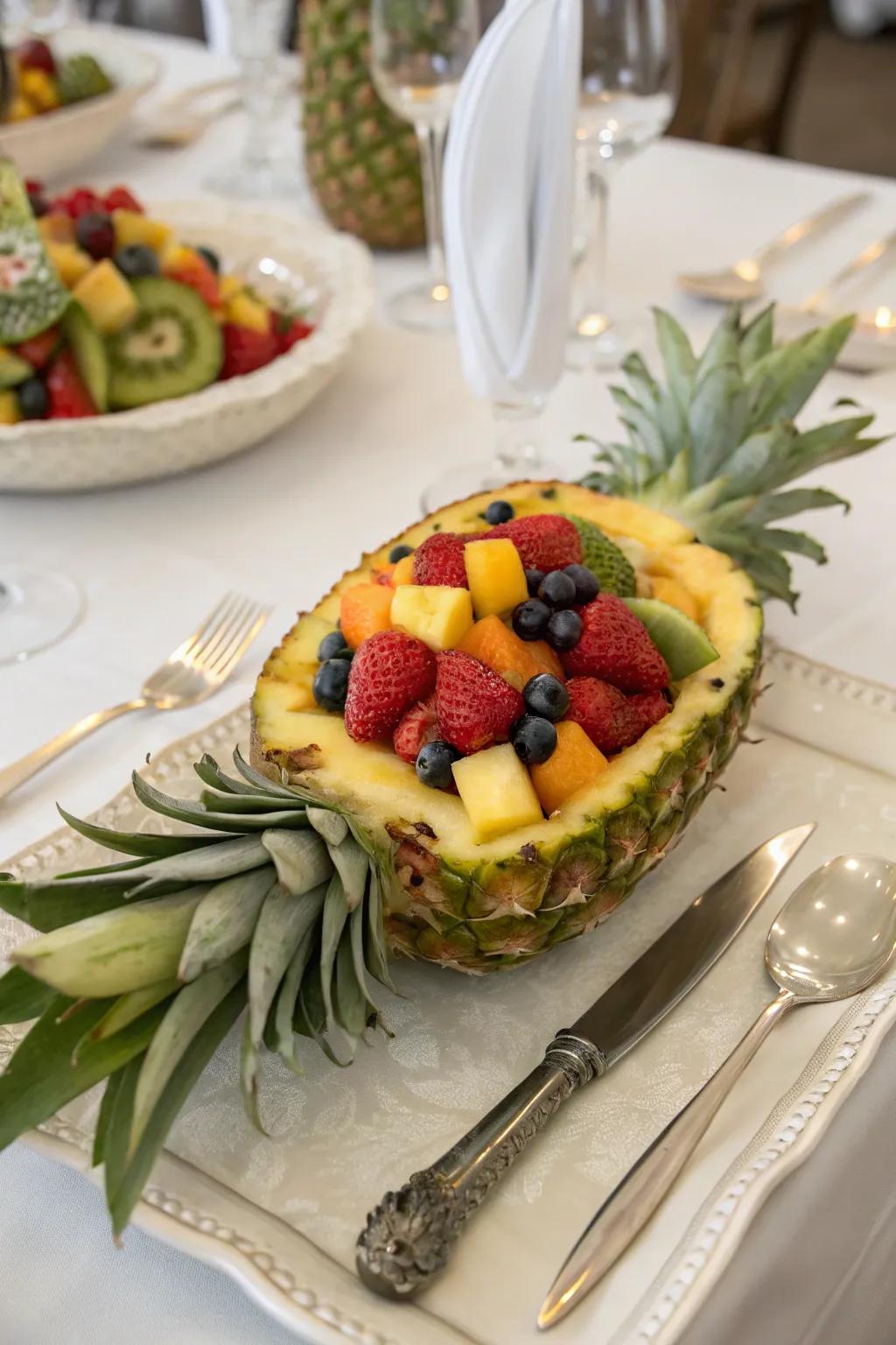 An exotic pineapple focal point that brings the feel of the beach to your table.