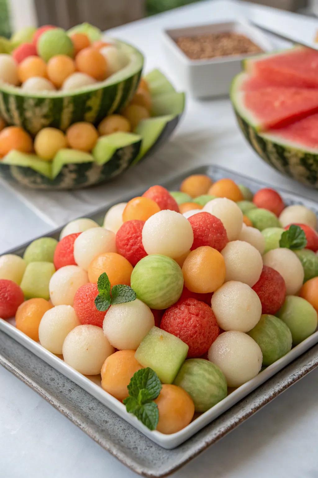Melon balls of different types provide a nice touch that is great for any gathering.