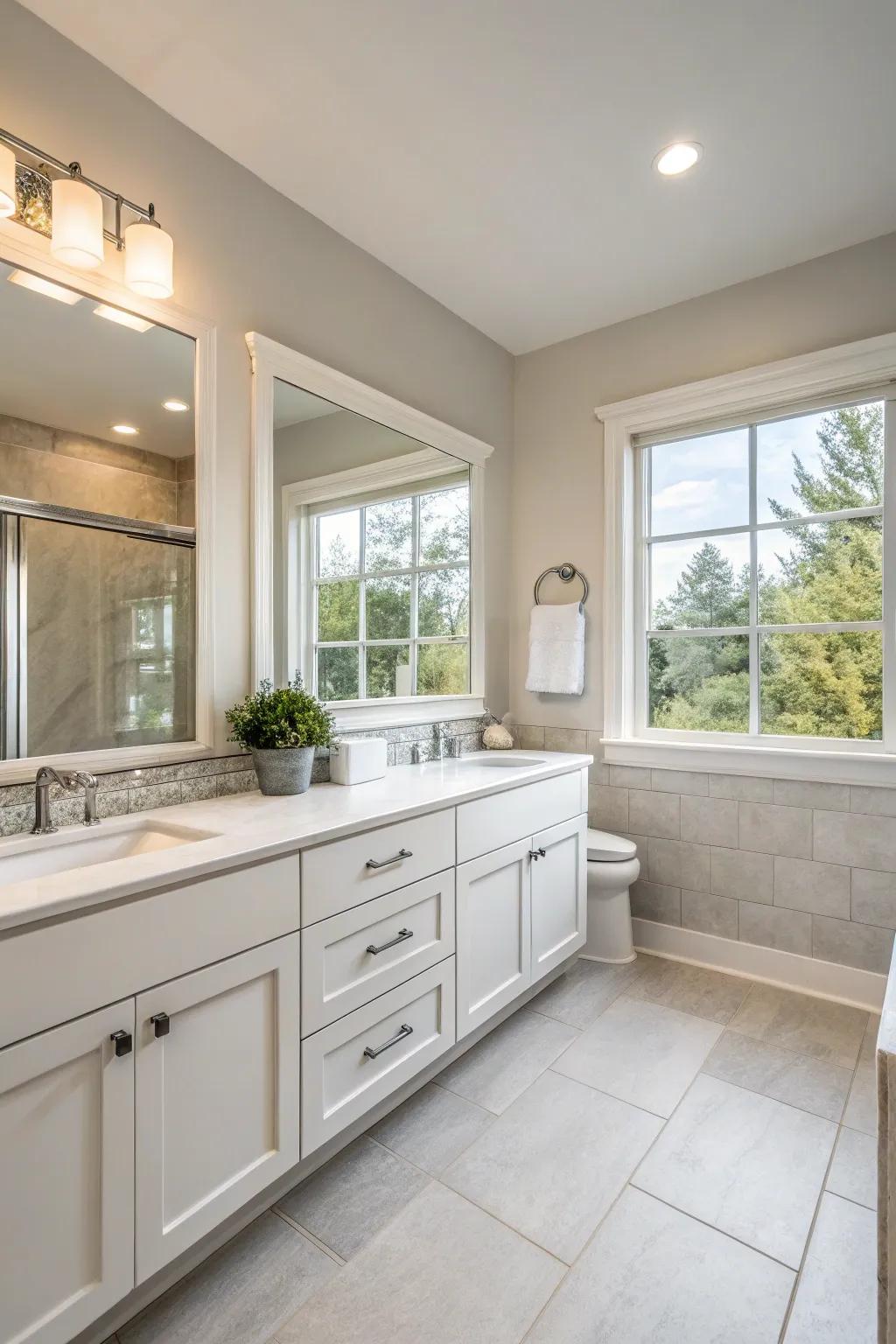 A serene bathroom showcasing a neutral palette, creating a soothing ambiance.