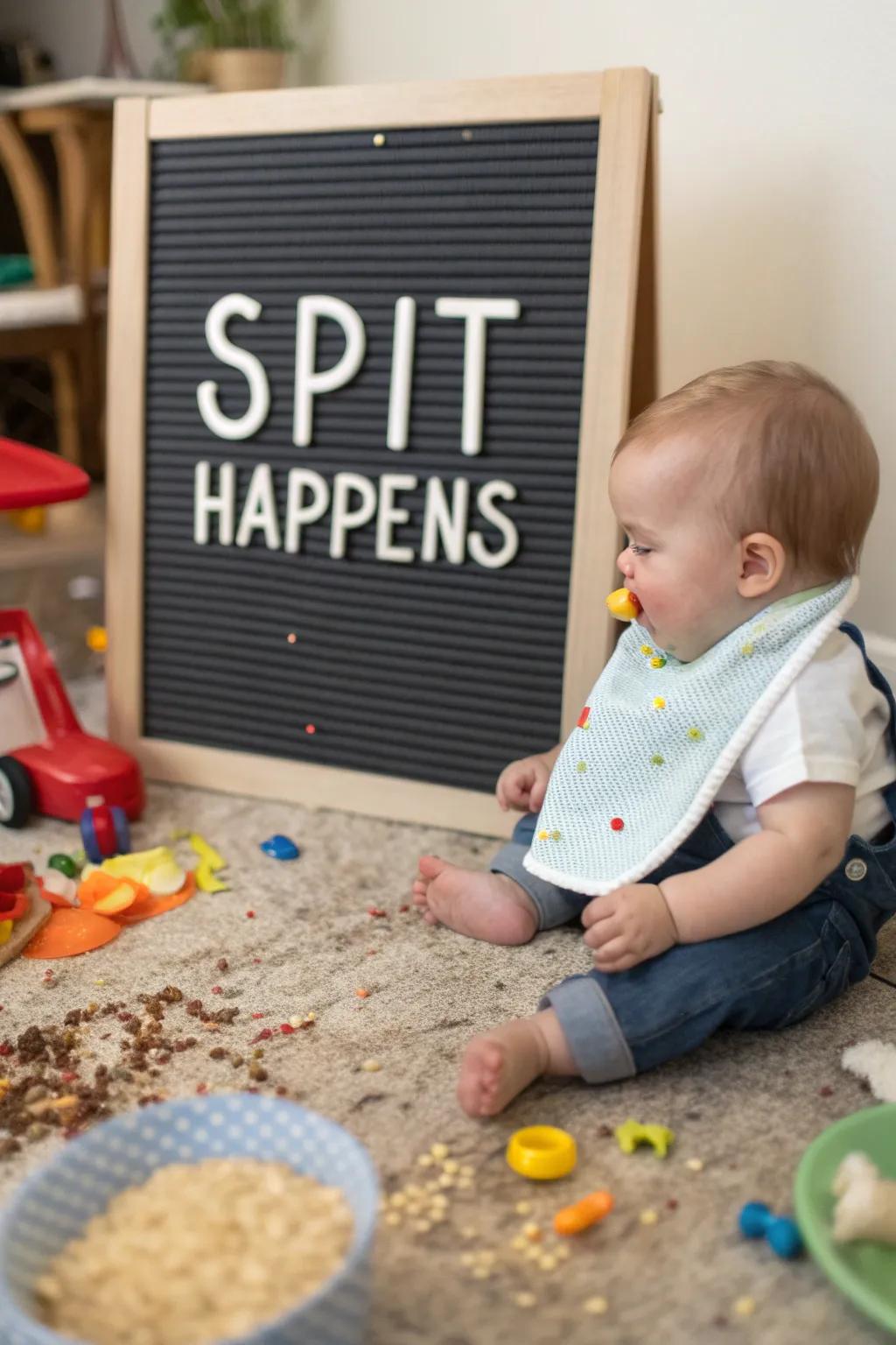 Smiling through the small messes that come with babyhood.