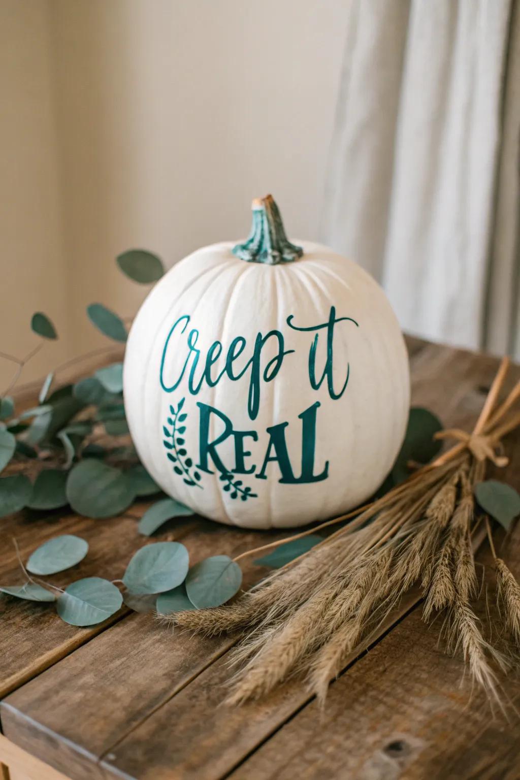 Incorporate humor into your autumnal d&eacute;cor via playful saying gourds akin to 'Keep it Spooky' &mdash; a flawless synthesis of wit and panache!