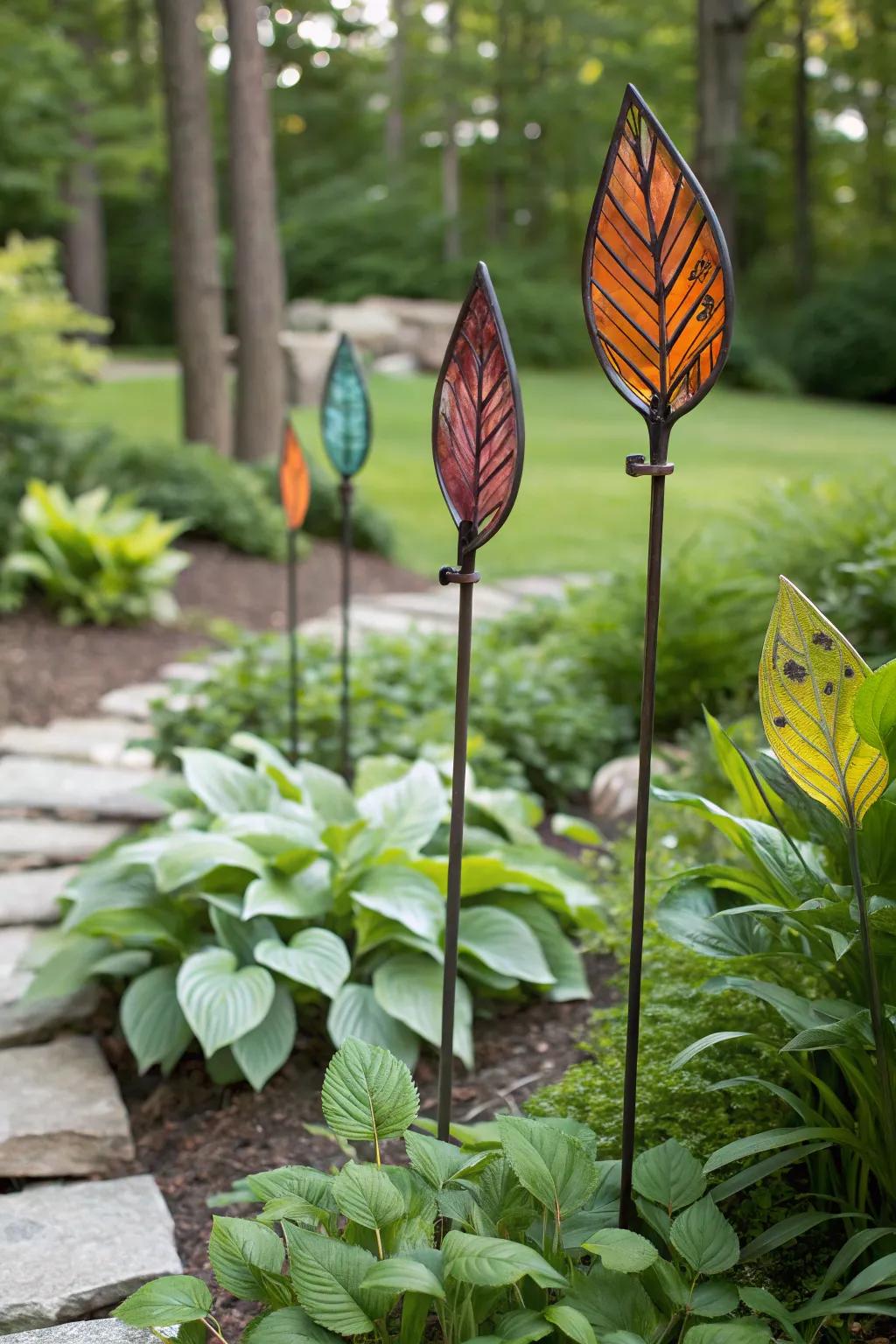 Leafy glass stakes merging artistically with nature.