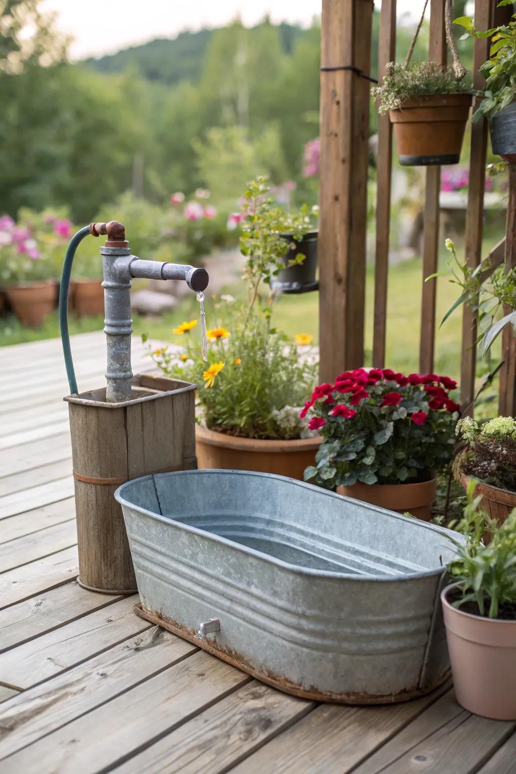 A charming terrace fluid element featuring a metallic basin and spout.