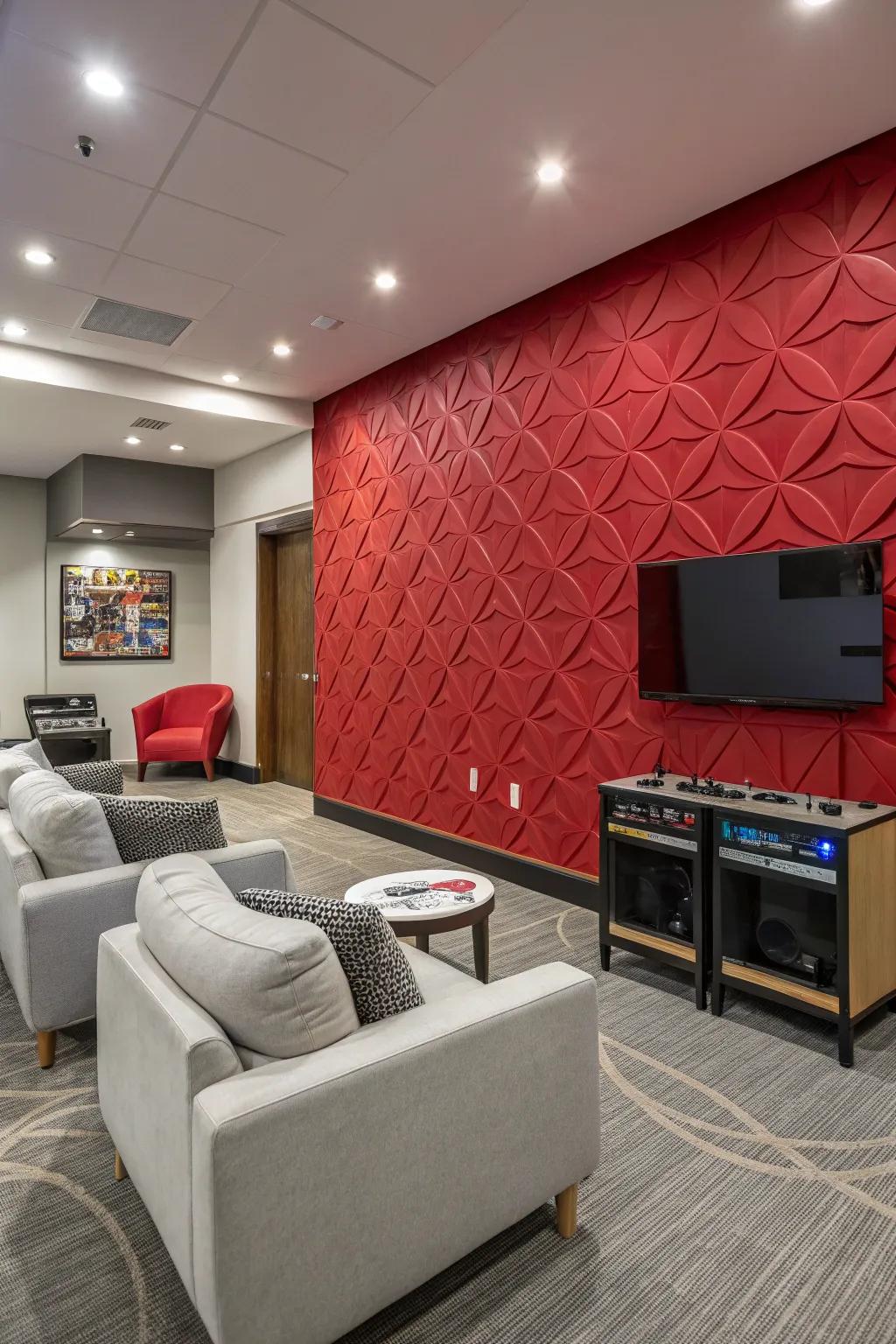 A striking scarlet accent wall adds excitement and boldness to your game room.